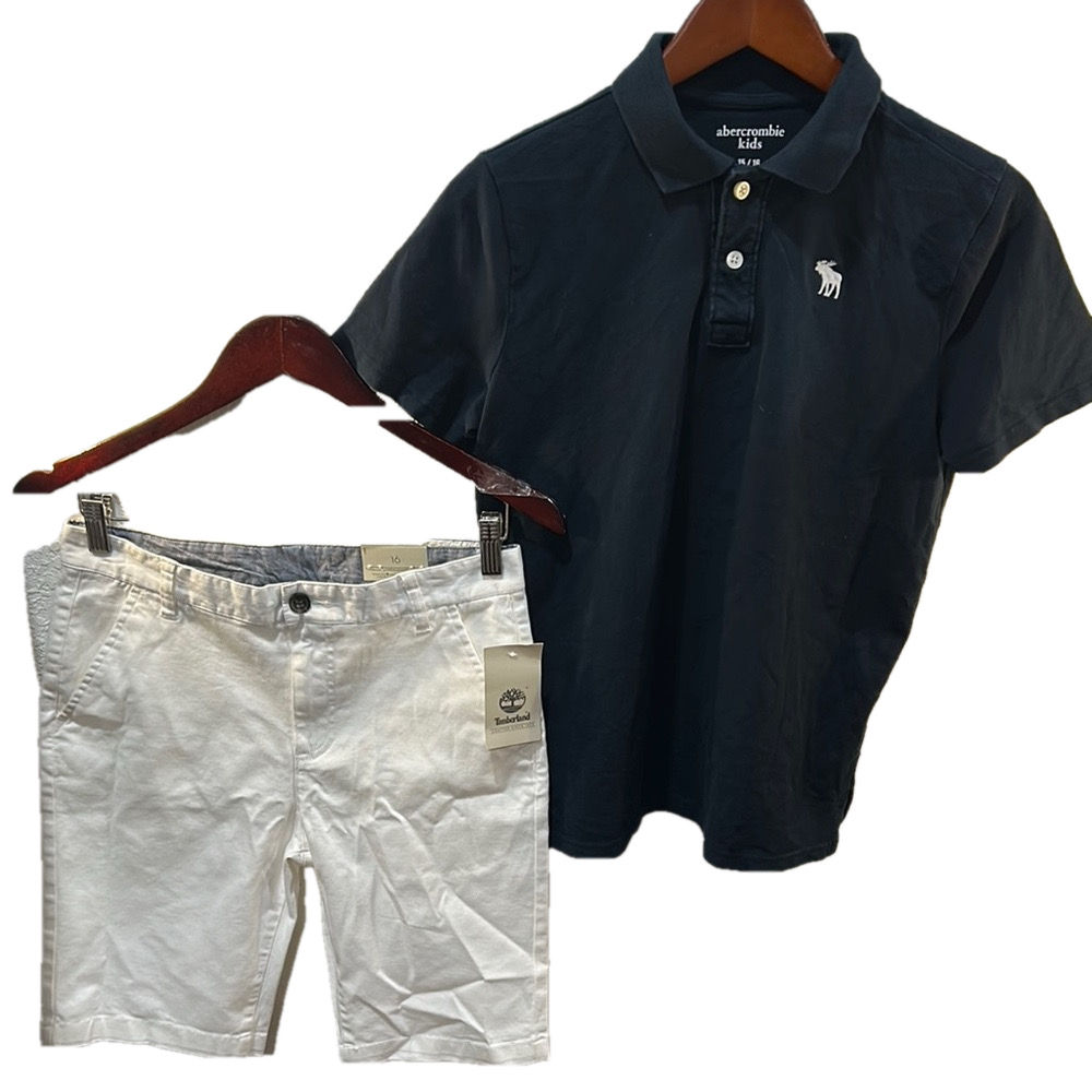 Abercrombie Black Polo Shirt and Timberland White Shorts Set size 16Boys set GUC
